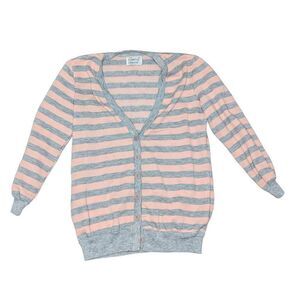 Kathy Davis Cardigan Striped Button Down Sweater Gray Peach Size Medium